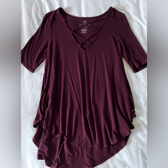 American Eagle Burgundy Short Sleeve Strappy Blouse Size Small - Picture 3 of 10